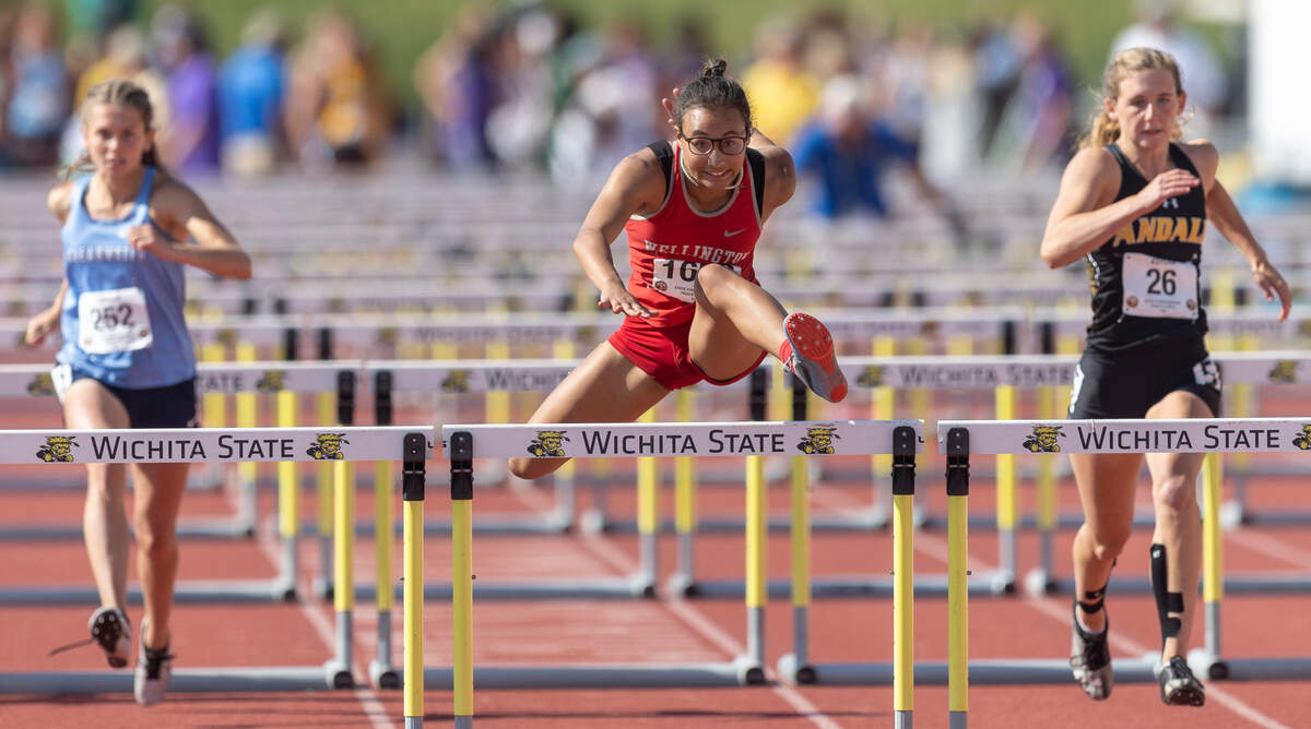 Wellington’s Annalisa Cullens wins the 4A 100m hurdles at the Kansas State High School Track and Field Championships at Cessna Stadium on Saturday.