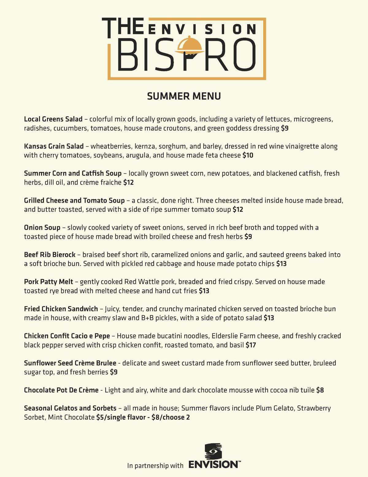 The summer menu for The Bistro at WSU Tech’s The Niche