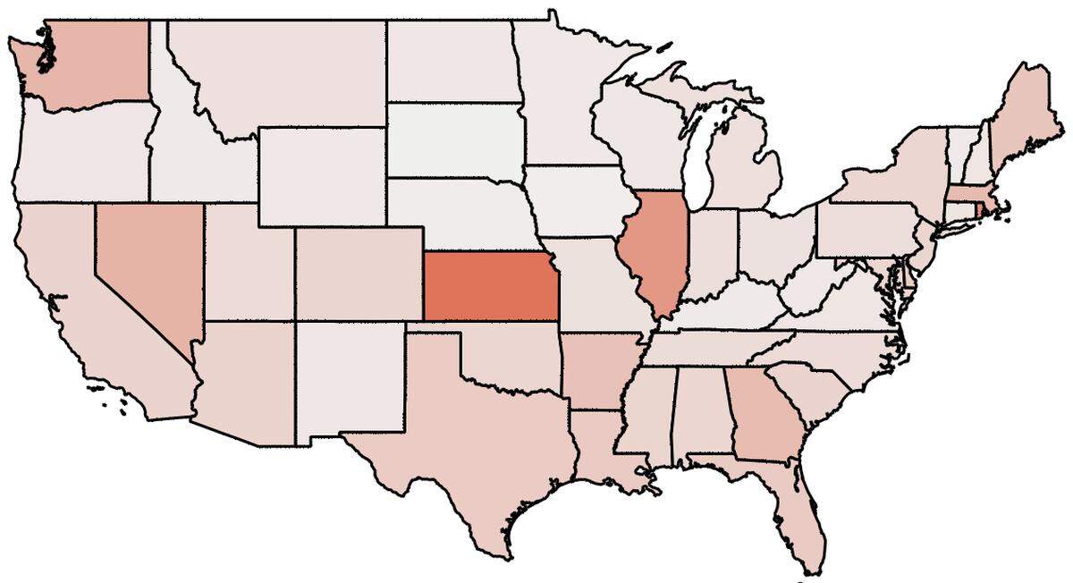 A heat map shows states’ reported identity fraud rates in 2020, based on reports filed with the Federal Trade Commission. Kansas had the highest reported rate of identity theft last year at 1,483 reports per 100,000 residents.