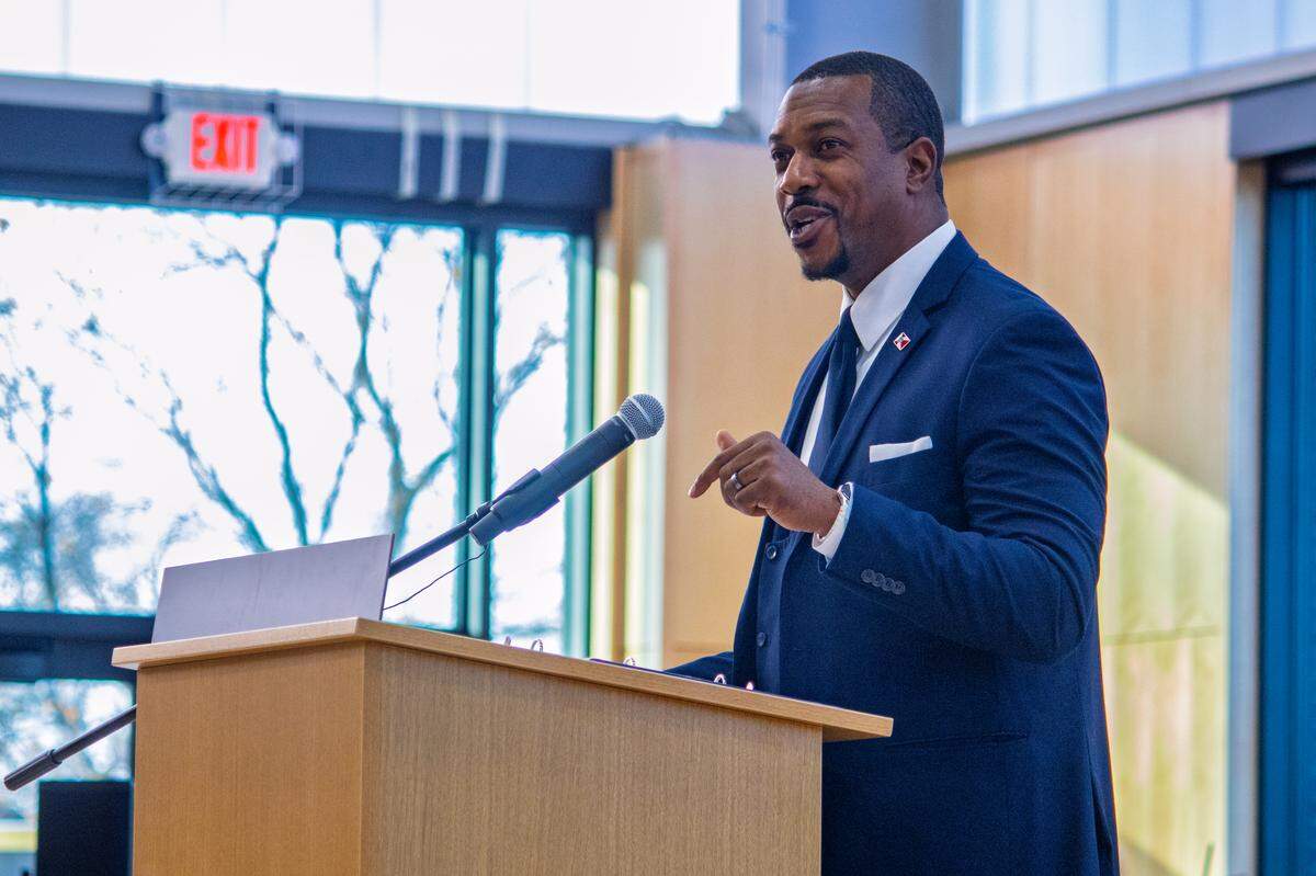 District 1 City Council member Brandon Johnson addresses attendees of Saturday's reopening of the Carl G. Brewer Community Center. Johnson was largely credited for driving the community center expansion project.