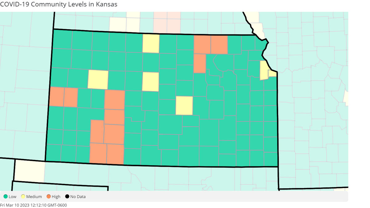 The Kansas COVID-19 community level map as of March 10, 2023, courtesy of the U.S. Centers for Disease Control and Prevention