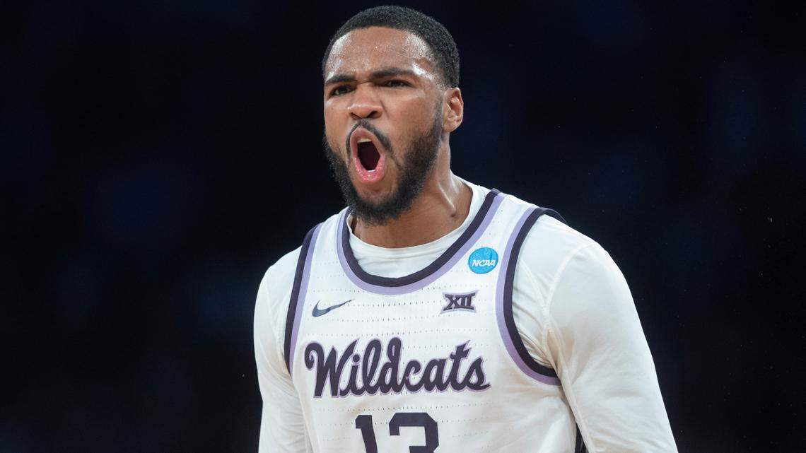 Kansas State’s Desi Sills celebrates a Kansas State scoring run during the second half of the East Regional Final against Florida Atlantic at Madison Square Garden on Saturday night.