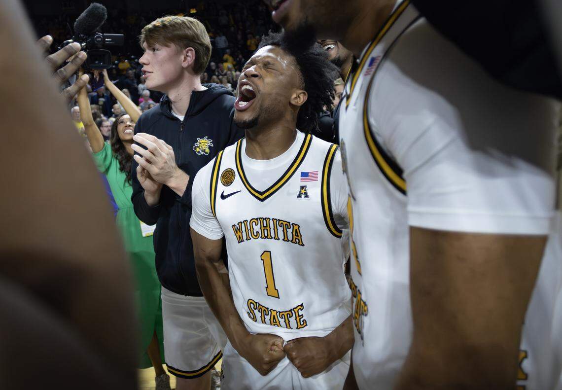 Wichita State’s Kenyon Giles lets out a yell after leading his team to a second half comeback over Tulsa.