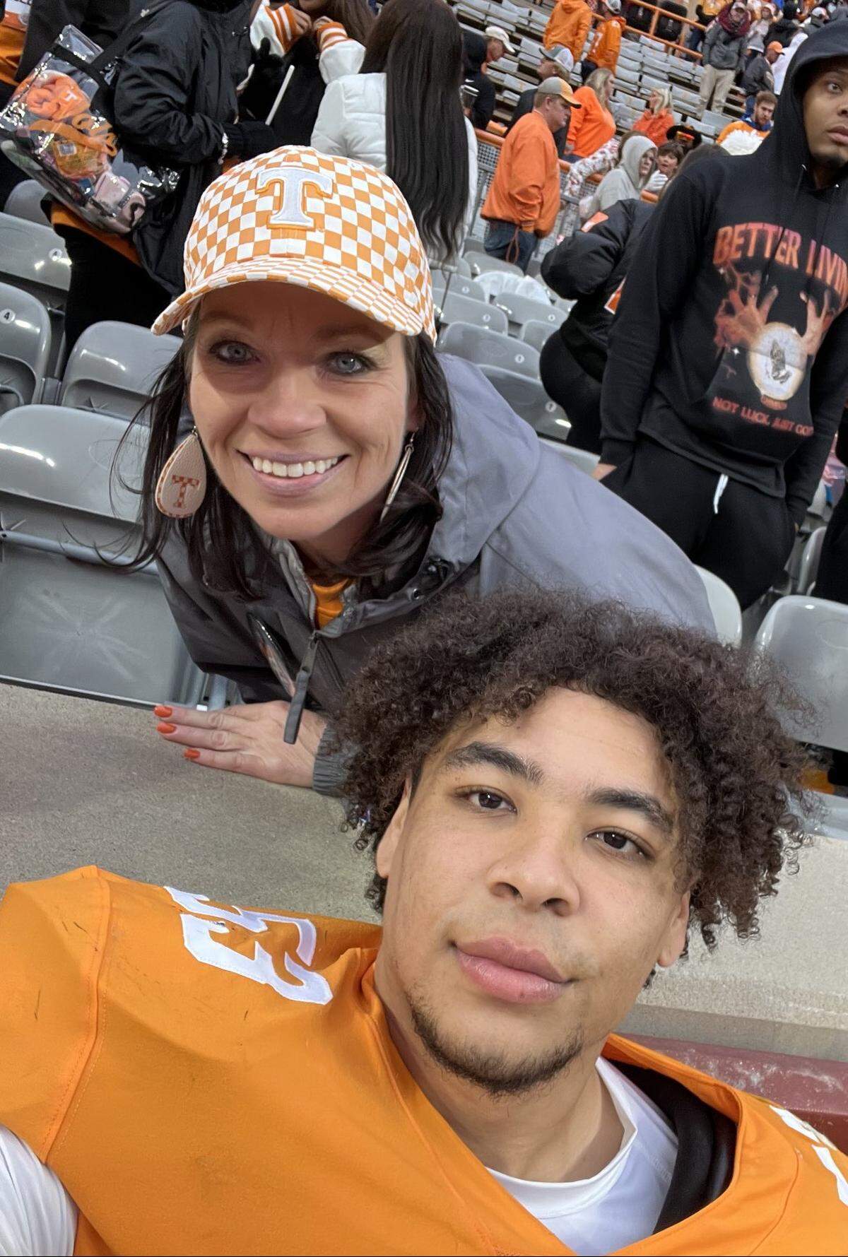Kelly Crawford poses for a picture with her son, Jeremiah, at a Tennessee football game this season.