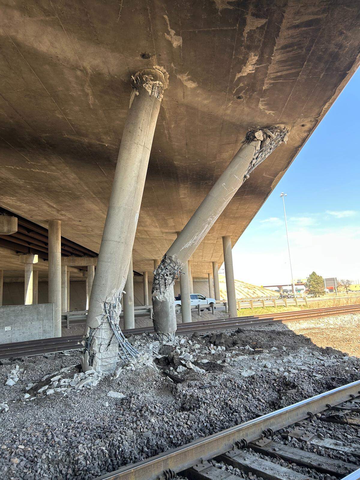 Pillars holding up the northbound I-135 bridge were damaged after an overnight derailment on a nearby Union Pacific line.