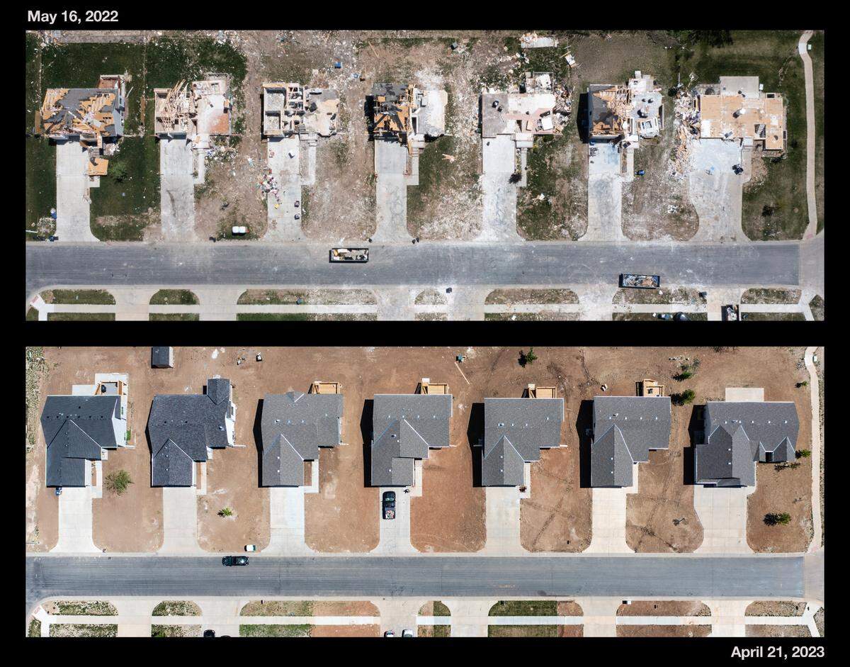 Two photos taken 11 months apart show how quickly homes in Andover were rebuilt following the destructive April 29 tornado. Some residents are already beginning to move back into homes that have been completely rebuilt.