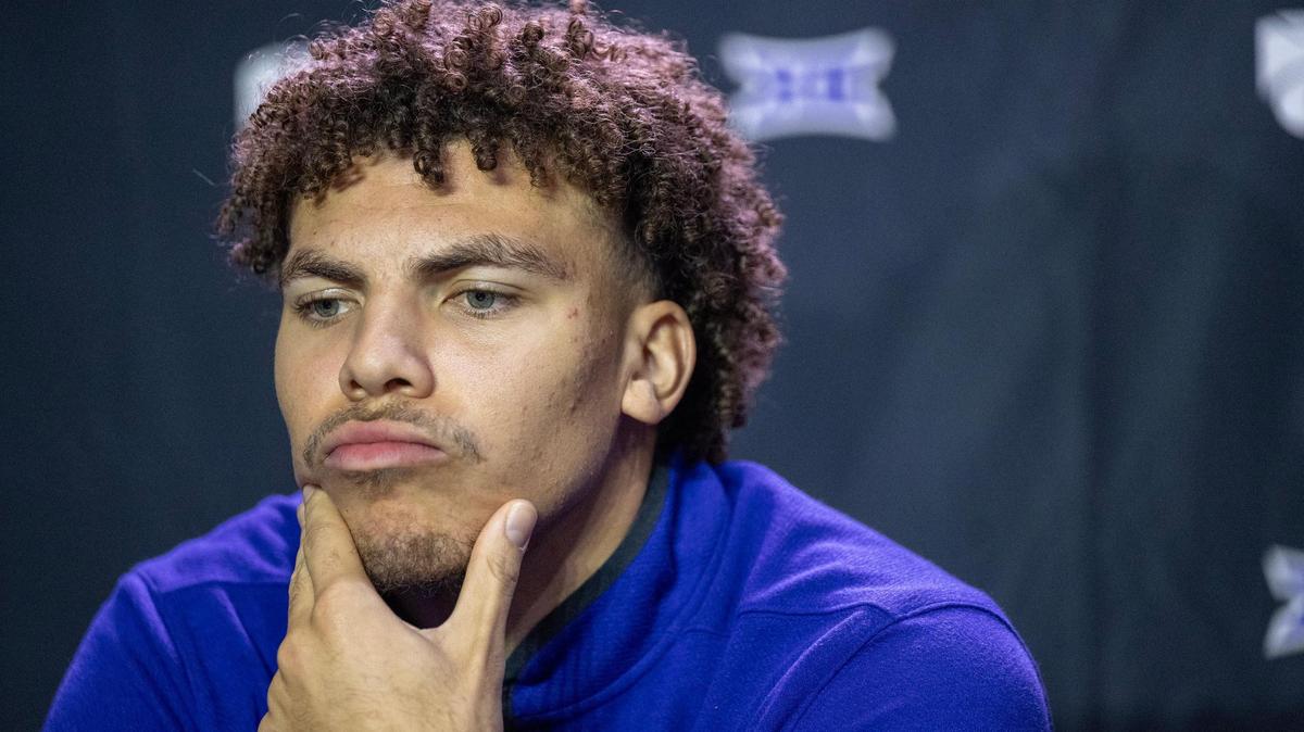 Coleman Hawkins, a wing on the Kansas State men’s basketball team, pondered a question from a reporter during the Big 12 Men’s Basketball Media Day at T-Mobile Center in Kansas City on Wednesday, October 23, 2024.