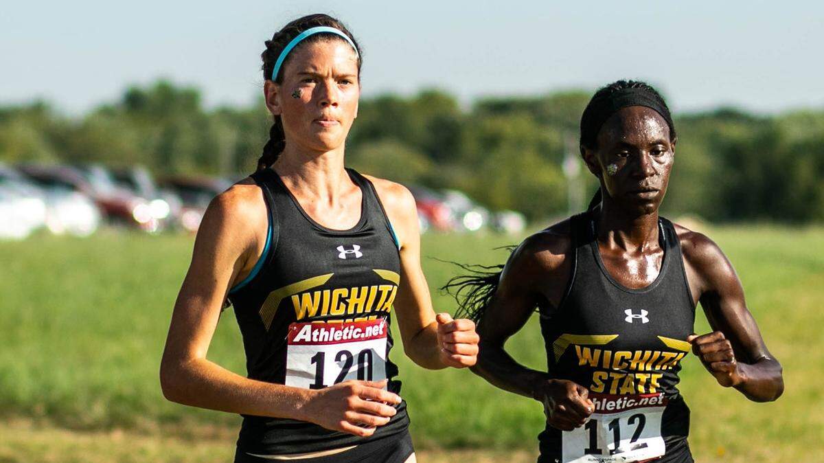 Wichita State cross country runners Rebekah Topham (left) and Winny Koskei (right) compete in a race earlier this season. Both runners finished in the top-three of the AAC meet on Thursday.