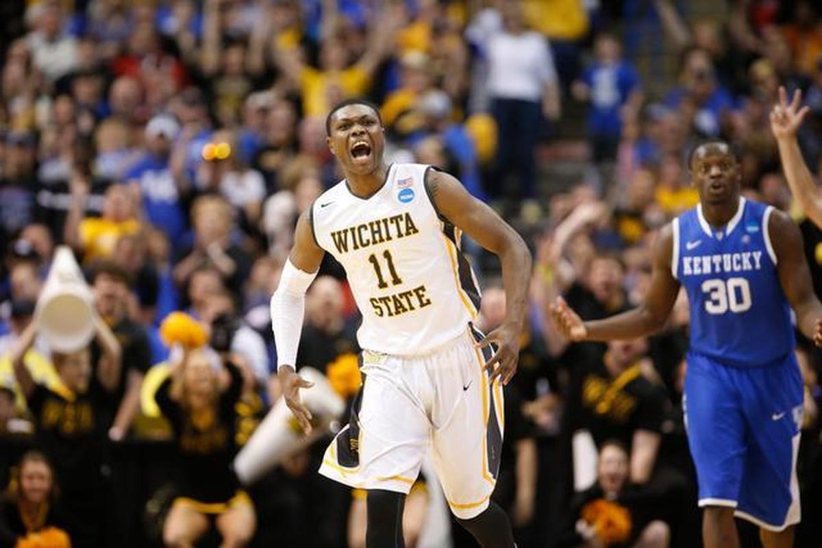 Wichita State’s Cleanthony Early celebrates after hitting a three-point shot against Kentucky during the NCAA Tournament.