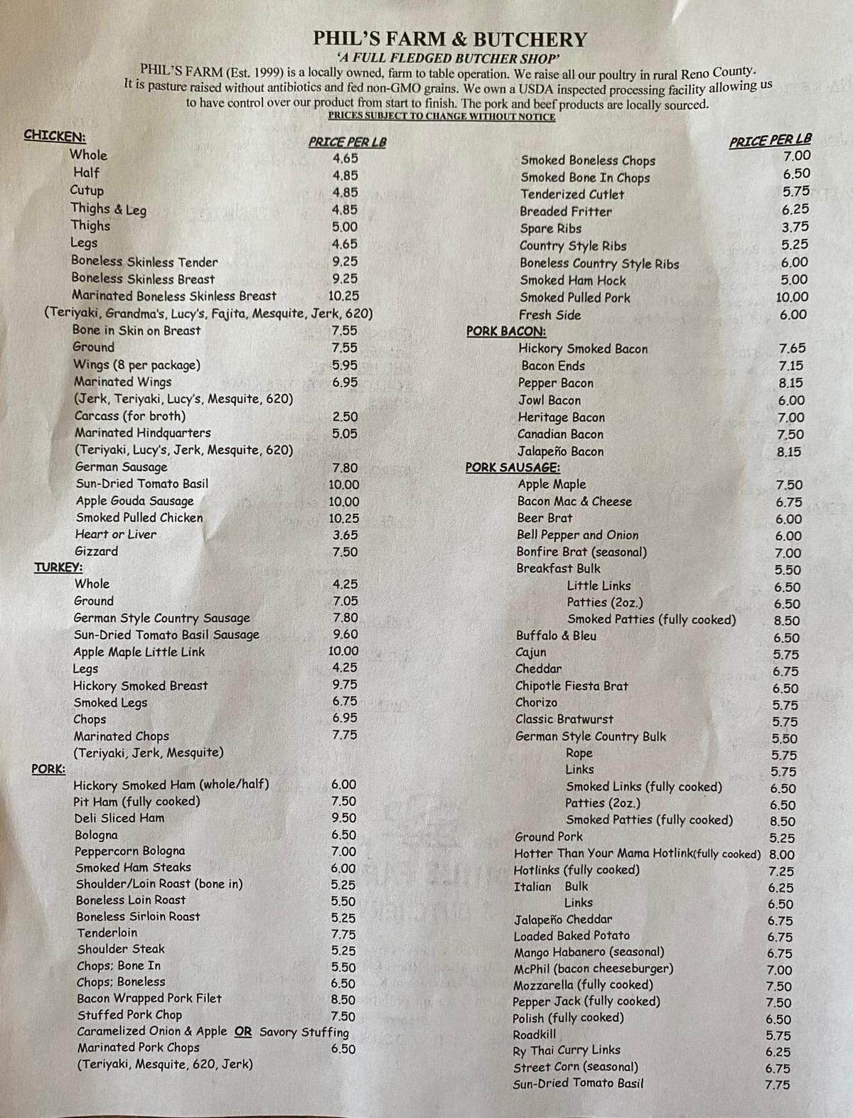 Phil’s Farm price sheet, page 1