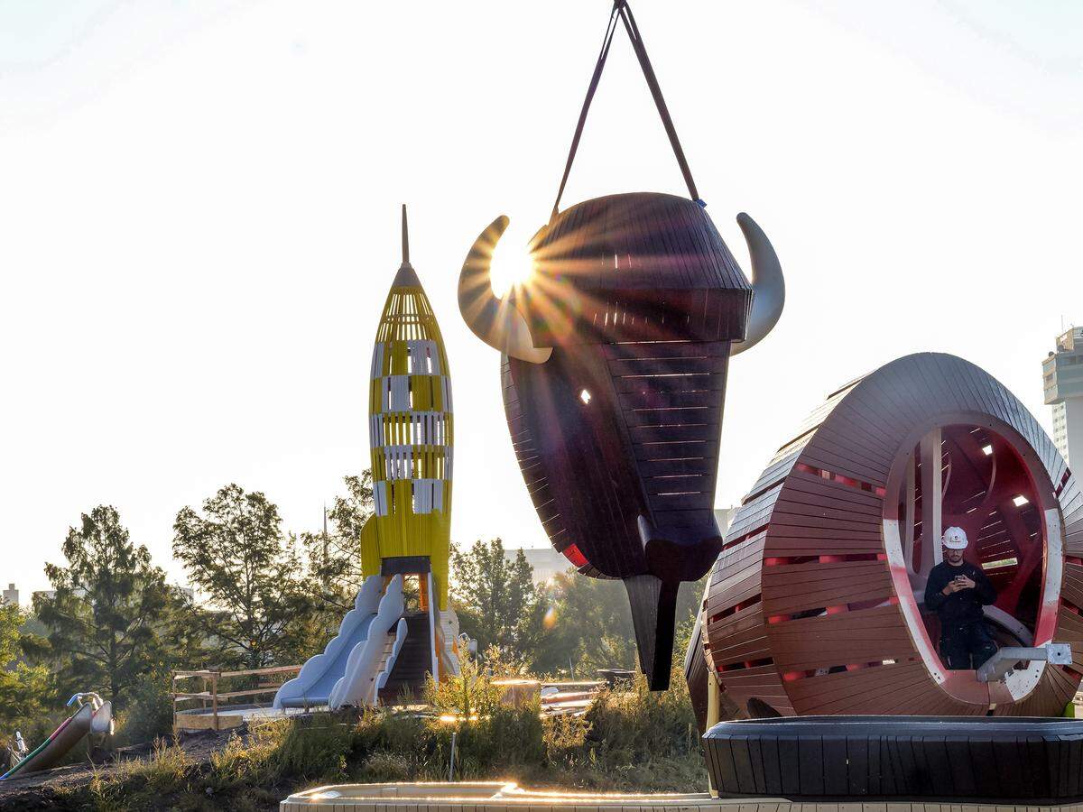 A two-story bison with a slide is one of the attractions coming to the new playgrounds at Exploration Place.
