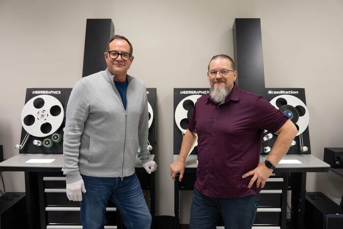 Shawn Rhodes, left, and Dan Reisig of Underground Vaults & Storage are setting up the U.S. division of R3Store Studios in Wichita to restore and preserve film and video at a commercial level.