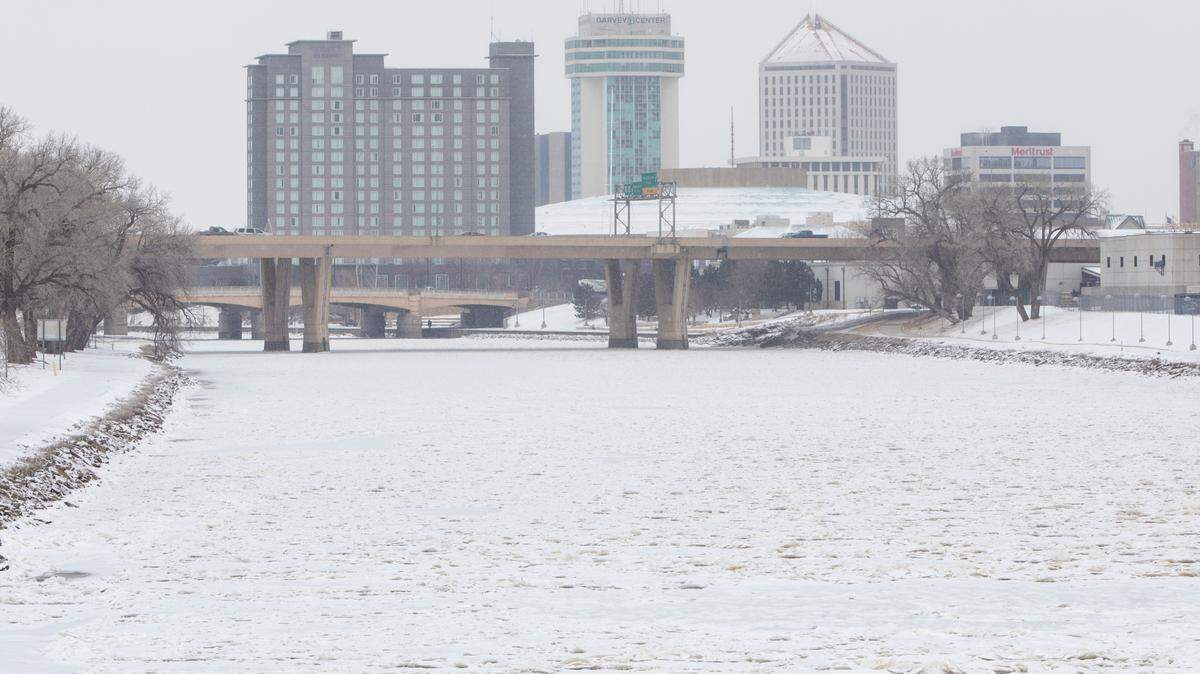 Ice accumulated on the Arkansas River south of downtown Wichita on February 10, 2021 during Winter Storm Uri.