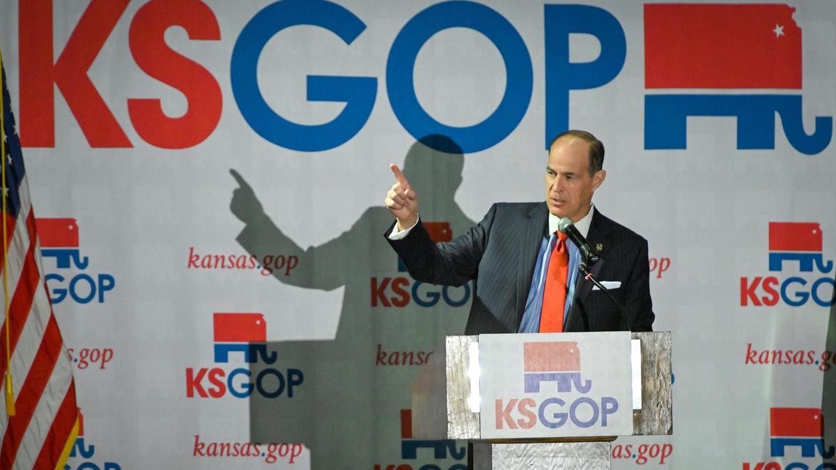 Steve Johnson, the Republican treasurer-elect addresses supporters at Republican watch party on Tuesday, Nov. 8, 2022, in Topeka, Kansas.