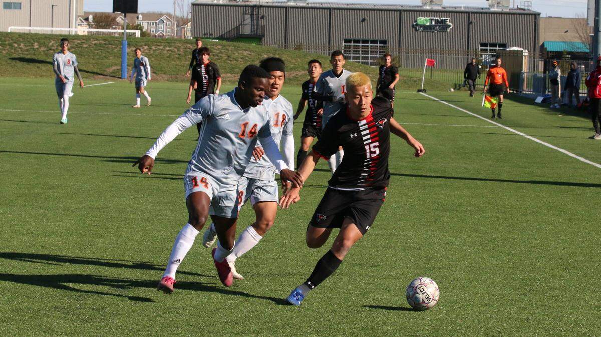Two players battle for possession at the NJCAA Div. II men’s soccer national tournament at Stryker Sports Complex in the fall of 2021. The NJCAA recently announced the Div. I national tournament is headed to Wichita in 2023 and 2024.