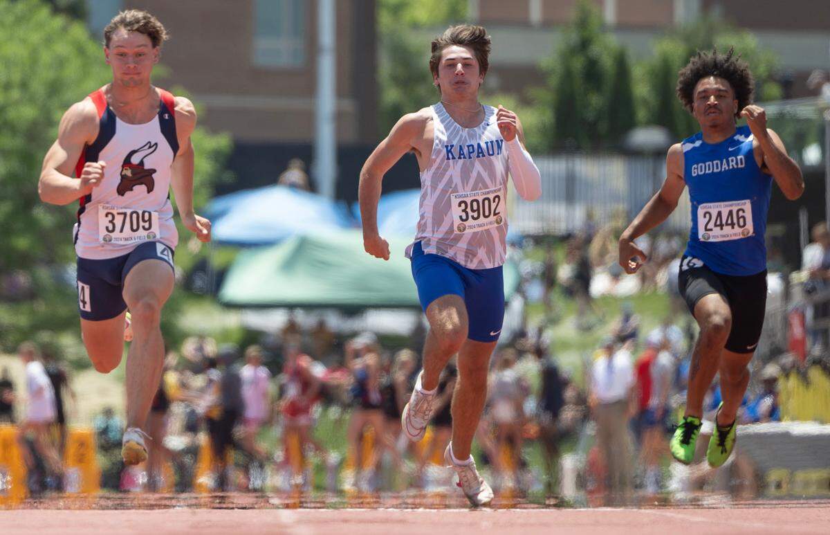 Kapaun’s Jack Guthridge wasn’t able to  get the win in the 100 meter dash during the state track and field championships at Cessna Stadium on Saturday. 