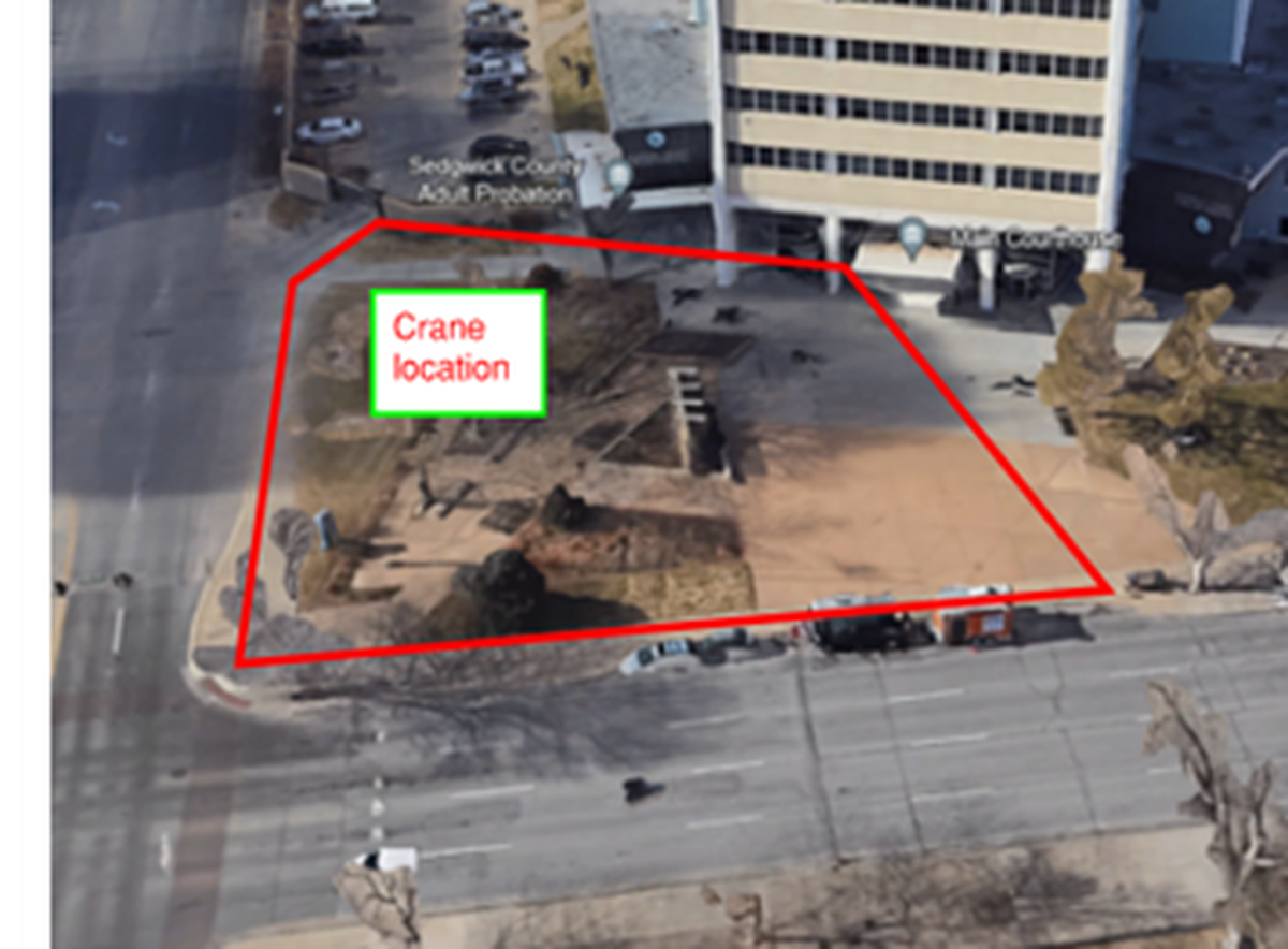 Semi-trucks carrying the cooling towers will pull into the red cut-out space in front of the courthouse where a crane will lift them onto the roof of the building.