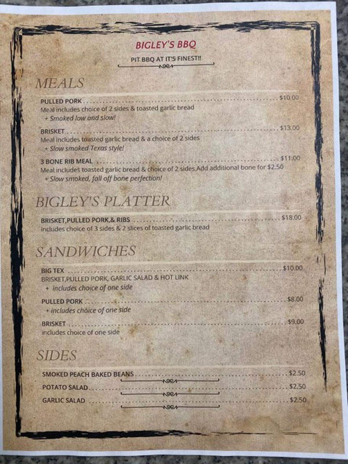 The menu for Bigley’s BBQ