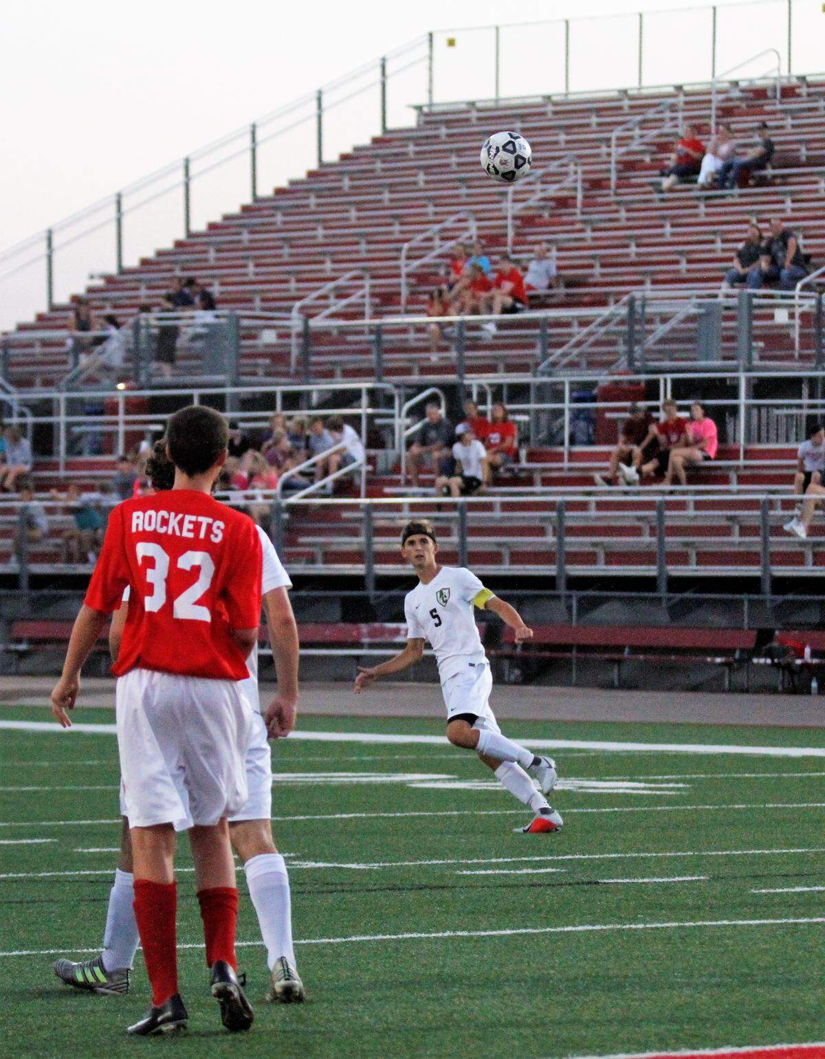 Andover Central’s Max Wurth sends a ball into the box during the Jaguars’ 2-0 win at Rose Hill on Monday. (Aug. 28, 2018)