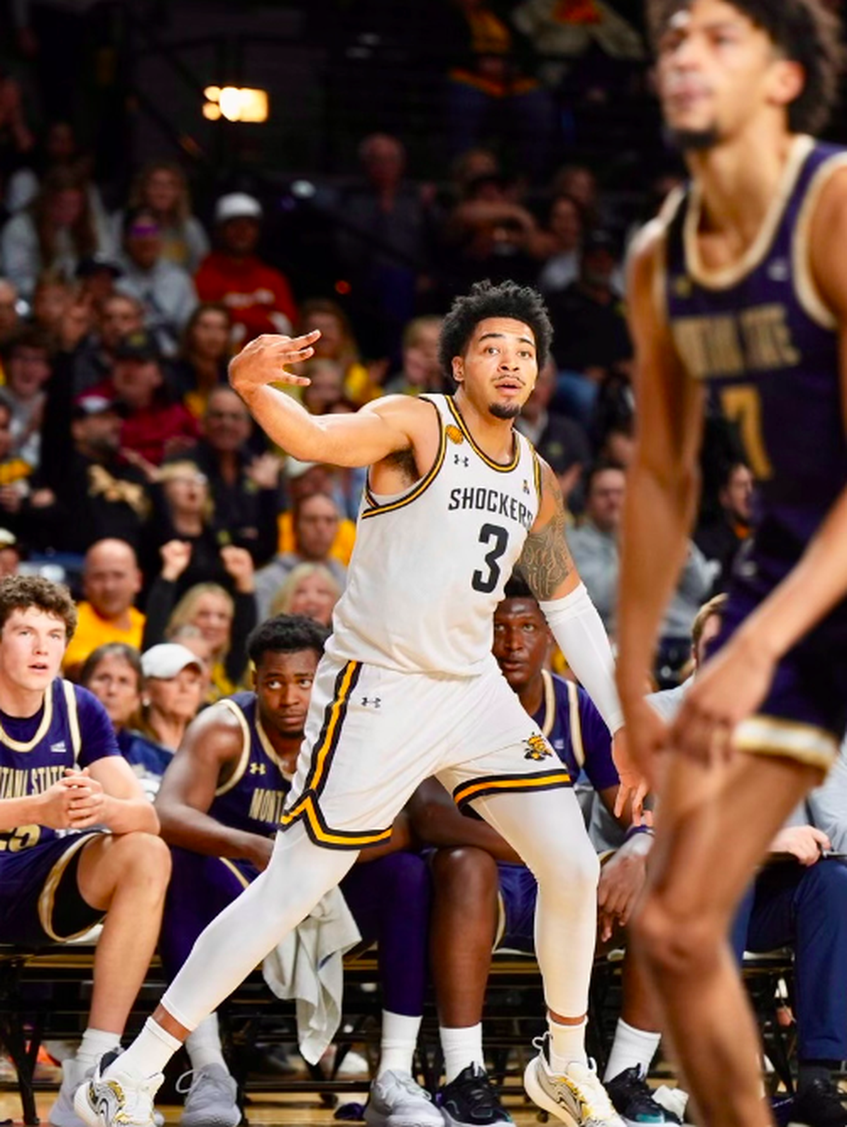 Wichita State senior forward Ronnie DeGray III celebrates a 3-pointer against Montana State.