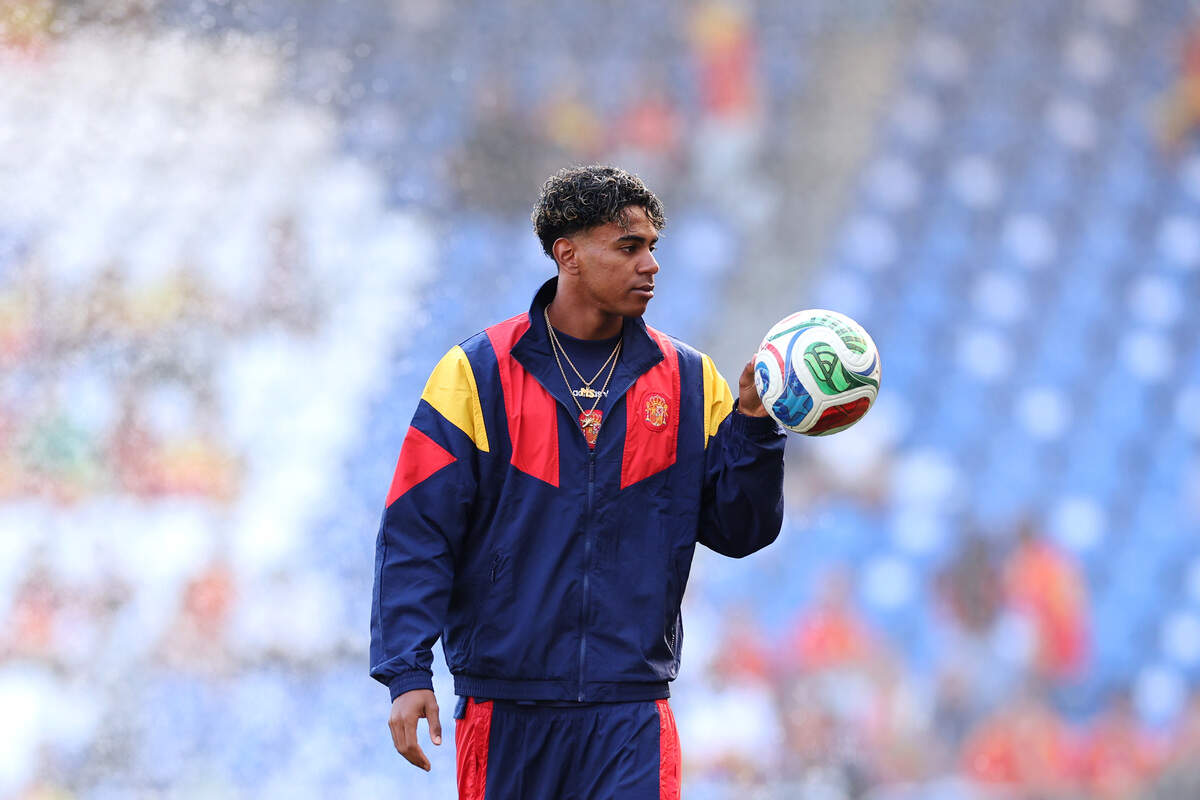 Lamine Yamal of Spain looks on prior to the international friendly match between Spain and Iraq at Riazor Stadium on June 04, 2026 in La Coruna, Spain.