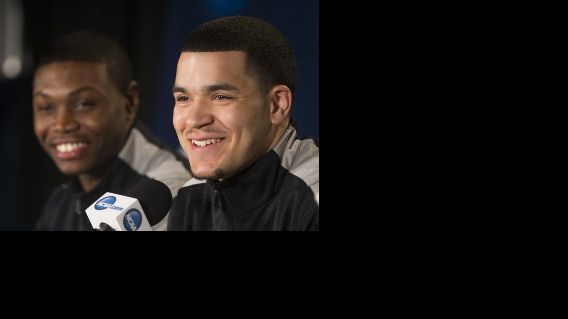Wichita State’s Cleanthony Early and Fred VanVleet laugh at a reporter’s question at the Scottrade Center on Thursday. (March 20, 2014)

