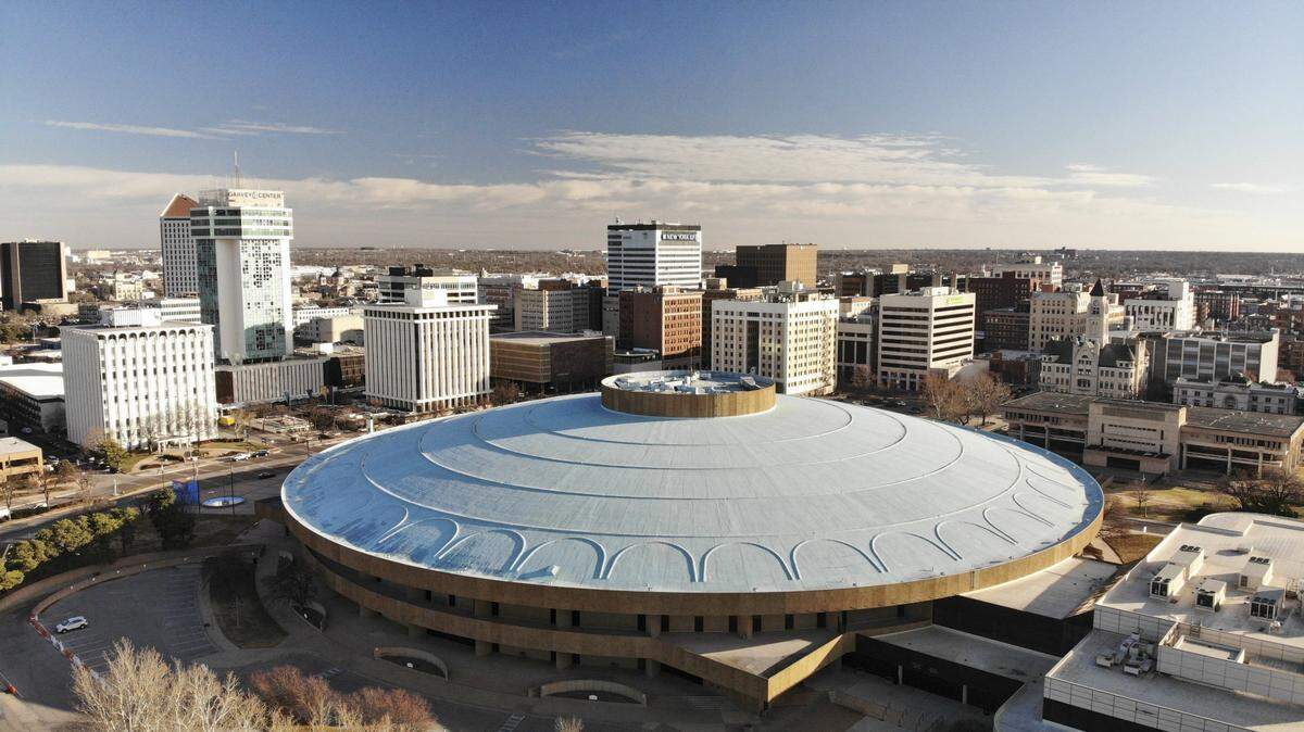 Century II Performing Arts Center with downtown Wichita in the background. (December 5, 2019)