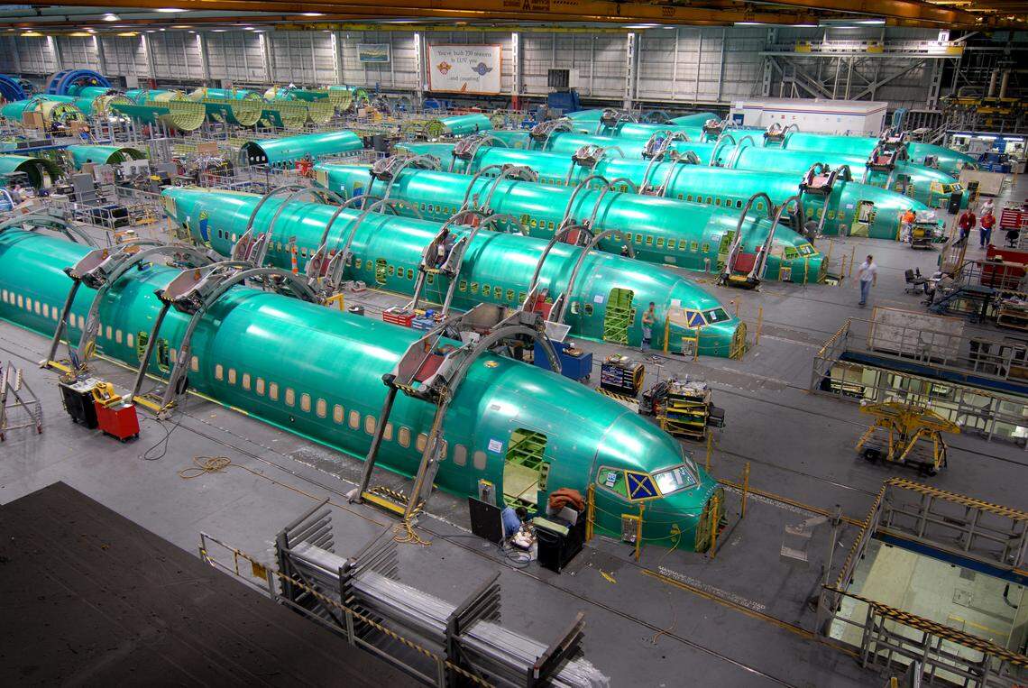 Fuselages for the 737 sit at Spirit AeroSystems in Wichita. Spirit plans to balance commercial aviation with U.S. military work and carve out a place in the burgeoning commercial space industry.