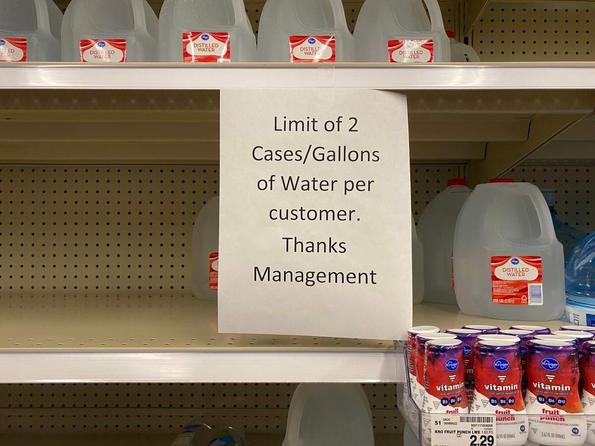 A sign posted in a Wichita Dillon’s limiting the purchase of water bottles. Water bottle shelves in Wichita grocery stores are starting to empty following the boil water advisory issued today at 4:15 p.m. that’s expected to last at least 24 hours.