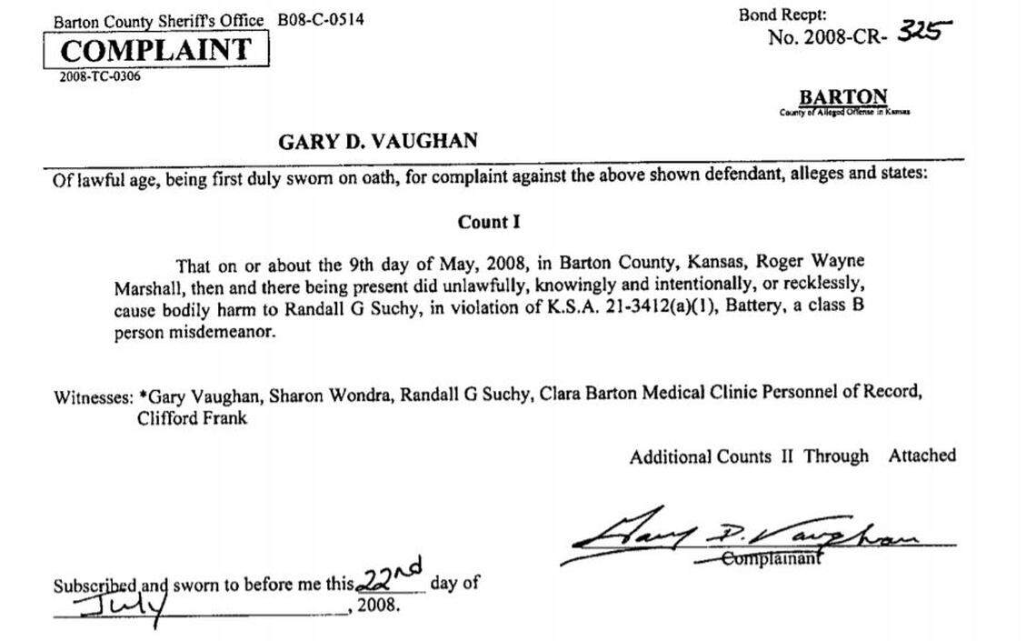 A portion of the criminal complaint filed against Roger Marshall.