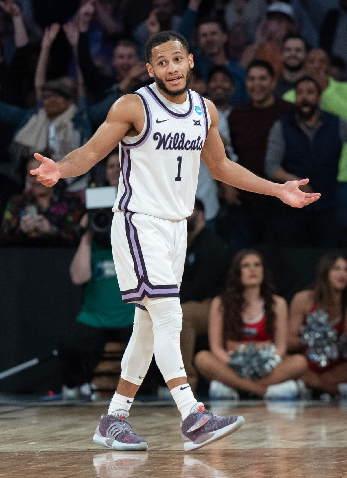 Kansas State’s Markquis Nowell reacts after banking in a three-pointer during the second half of their east region final game against Florida Atlantic at Madison Square Garden on Saturday night.