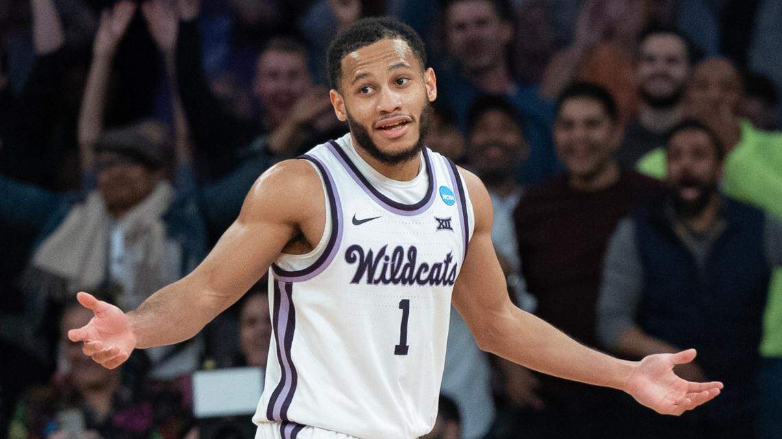 Kansas State’s Markquis Nowell reacts after banking in a three-pointer during the second half of their east region final game against Florida Atlantic at Madison Square Garden on Saturday night.