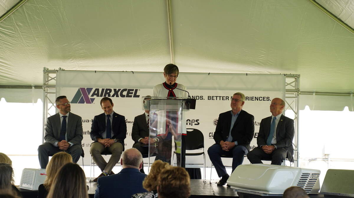 Gov. Laura Kelly touted the expansion of manufacturing company Airxcel in Wichita on Wednesday. The business will immediately hire for 100 new jobs after the pandemic increased demand for outdoor vacations and recreational vehicles. Wichita Mayor Brandon Whipple, Lieutenant Gov. and commerce secretary David Toland, Airxcel CEO Jeff Rutherford and Sedgwick County Commission Chairman Pete Meitzner joined Kelly in announcing the company’s expansion, along with The Greater Wichita Partnership.