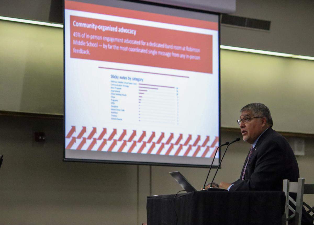 Superintendent Gil Alvarez shares what the district learned from recent community engagement sessions during a school board meeting Monday. Alvarez also recommended a 2026 bond proposal. The board will decide in June whether to place it on the November ballot.