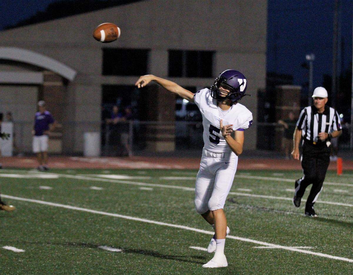 Valley Center senior quarterback Parker Schrater fires for a receiver during the Hornets’ 27-17 loss to Andover Central on Thursday. (Sept. 20, 2018)