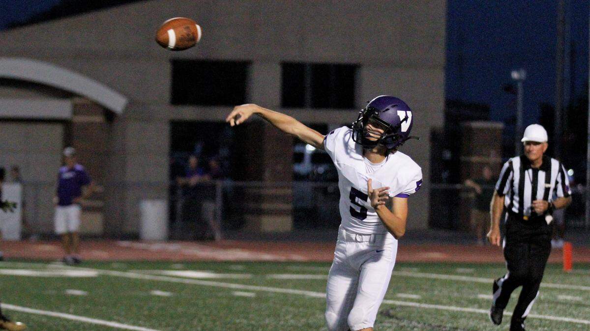 Valley Center senior quarterback Parker Schrater fires for a receiver during the Hornets’ 27-17 loss to Andover Central on Thursday. (Sept. 20, 2018)