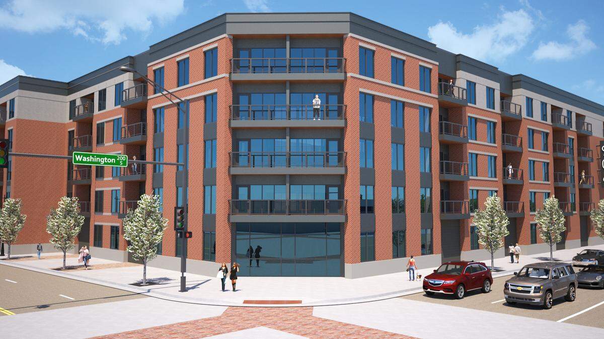 An artist’s rendering of the 370-unit apartment complex proposed for the northwest corner of Waterman and Washington.