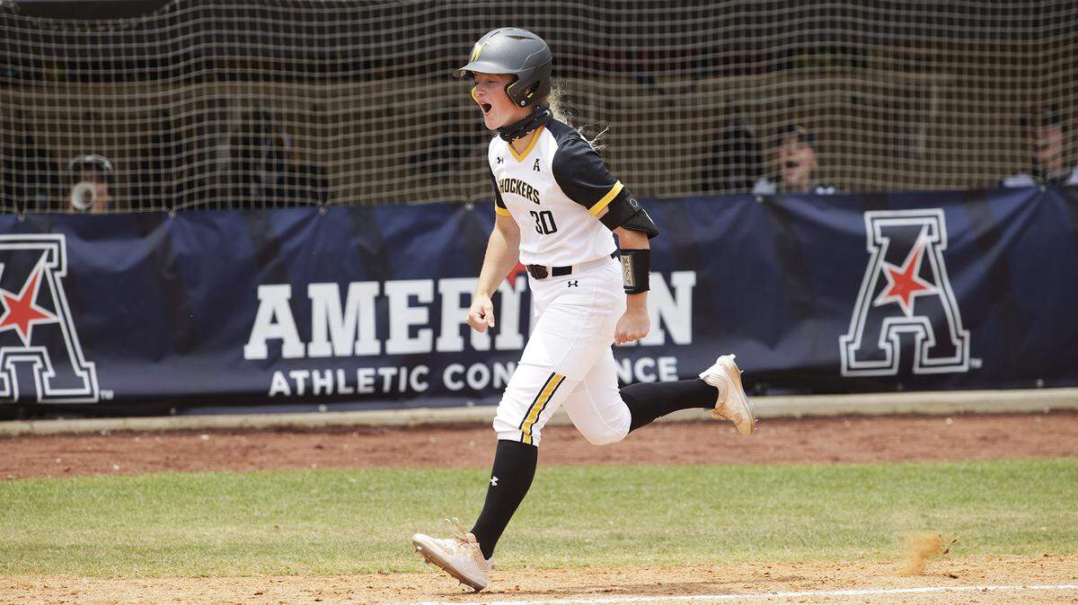 Addison Barnard celebrates after hitting a home run for the Wichita State softball team last season at the AAC tournament.
