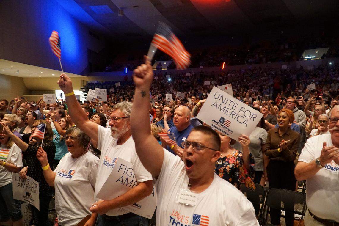 About 4,000 people gathered at rally in support of Kansas congressional candidate James Thompson at Century II Convention and Performing Arts Center. Bernie Sanders and Alexandria Ocasio-Cortez where in town to endorse Thompson. (July 20, 2018)