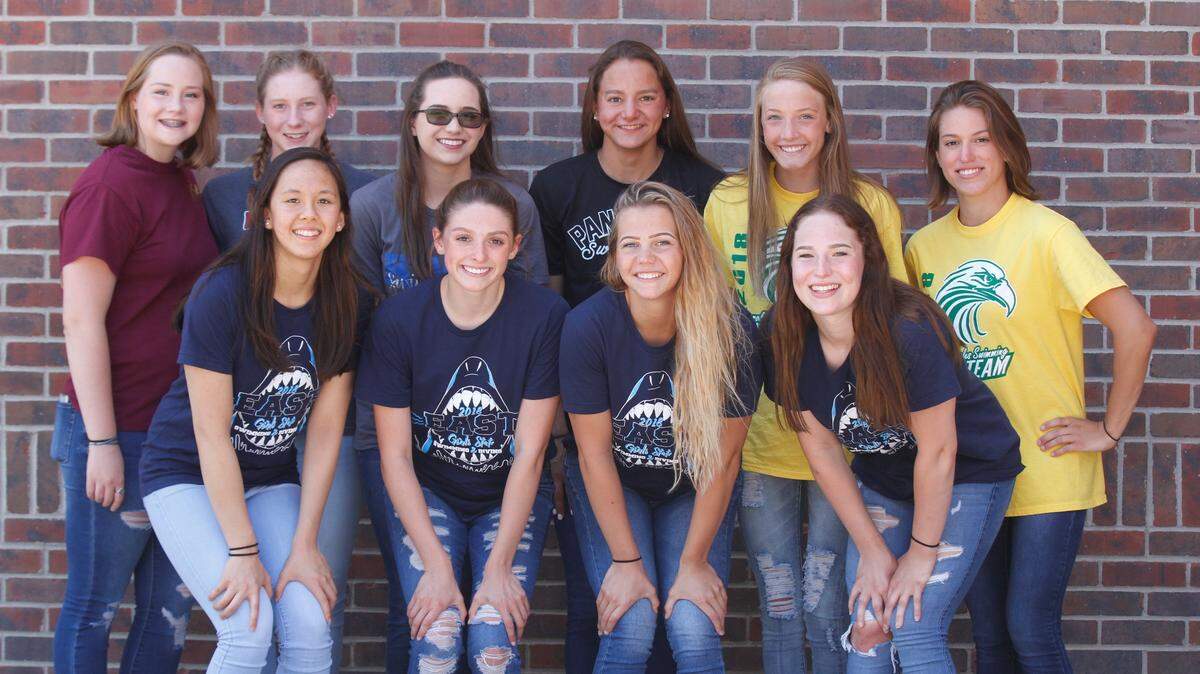 The Wichita Eagle’s 2018 All-Metro Swimming and Diving Team (left to right - front row: East’s Astrid Dirkzwager, East’s Gillian Pierce-Butt, East’s Julia Whitfield, East’s Hannah Balch; back row: West’s Maci McCullough, Hesston’s Addi Schroeder, Kapaun’s Natalie Knapp, Derby’s Megan Keil, Carroll’s Lexie Shelton, Carroll’s Sydney Schmidt)