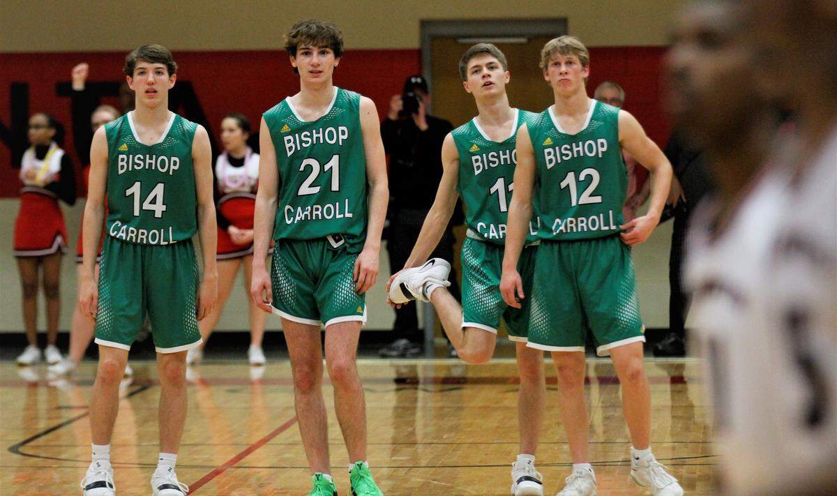 Bishop Carroll beat No. 1 Wichita Heights on the road 61-46 on Tuesday night. From left to right: Luke Larkin, Tanner Mans, Carsen Pracht, Gunner Lynch. (Jan. 9, 2019)