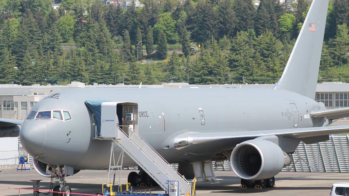 A KC-46A Pegasus air refueling tanker undergoing flight testing sits at Boeing Field in Seattle in May. The Air Force said Friday the flight testing Boeing needed to deliver its first airplane to McConnell Air Force Base this fall has been completed.