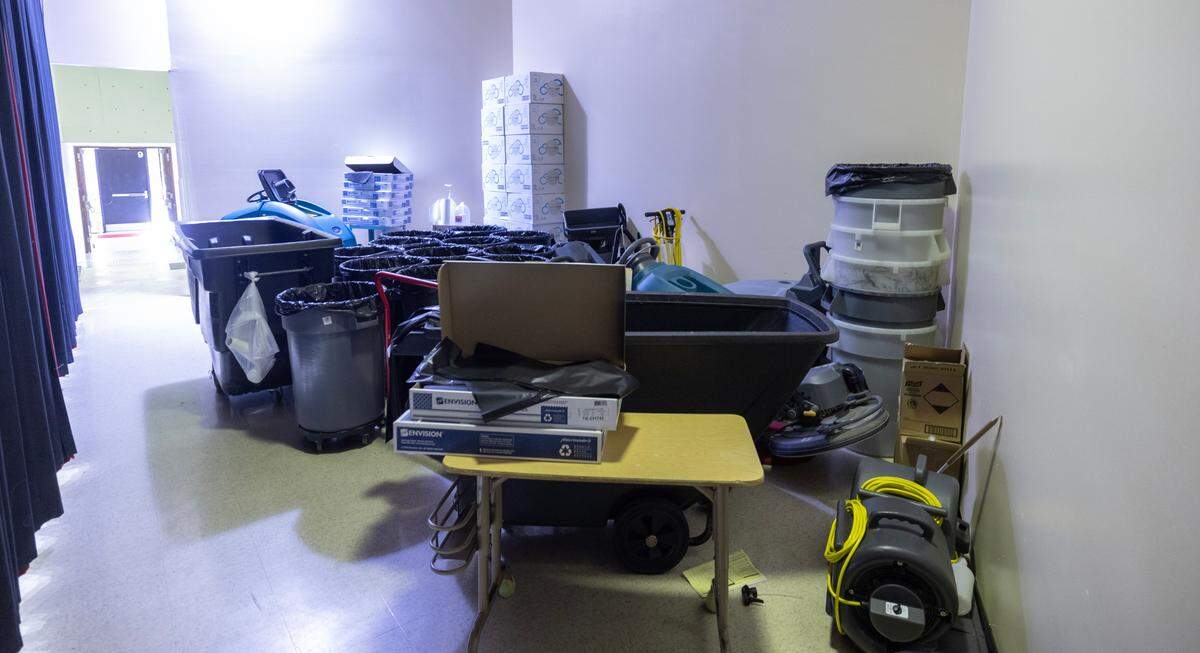 The stage area in the gym of McLean Science and Technology Magnet is mostly used for storage since the school lacks adequate storage space.