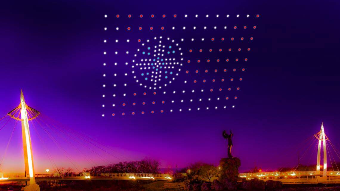 A mockup of a visual show created by a swarm of 200 illuminated, computer-controlled drones that will light up the Wichita sky on the opening weekend nights of Riverfest: Saturday and Sunday, June 4 and 5.