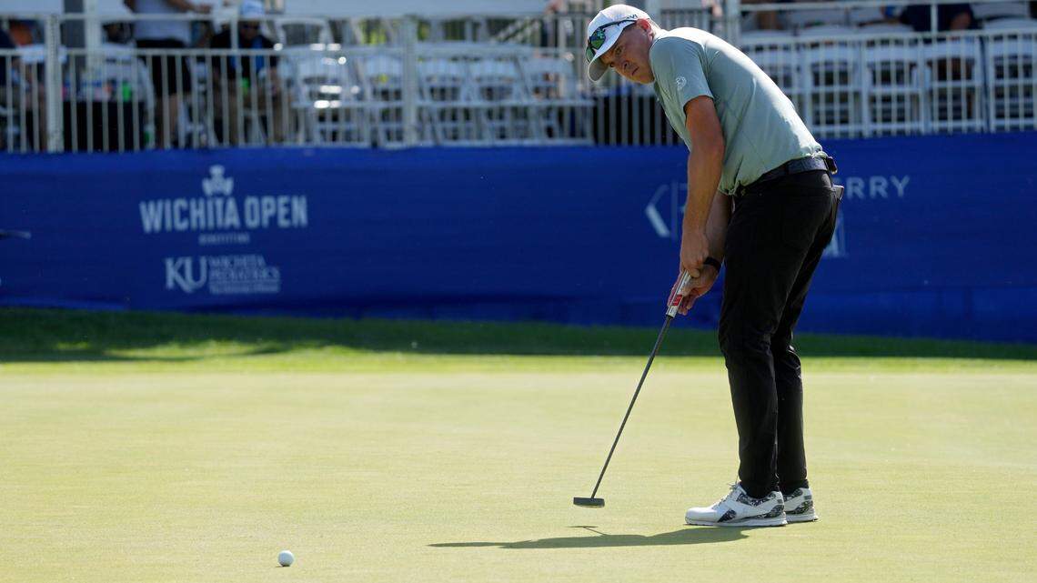 Kevin Roy putts on the 17th green during the first round of the Wichita Open at Crestview Country Club on Thursday.