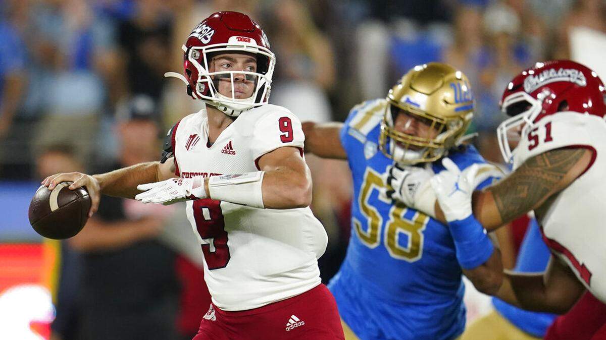 Fresno State quarterback Jake Haener looks for a receiver during the first half of the team’s NCAA college football game against UCLA on Saturday, Sept. 18, 2021, in Pasadena, Calif. (AP Photo/Marcio Jose Sanchez)