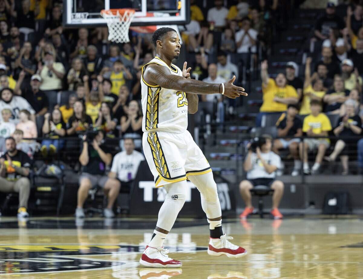 QY Peterson celebrates a three-pointer during the first half of their second game of the TBT tournament against The Enchantment at Koch Arena on Thursday night.