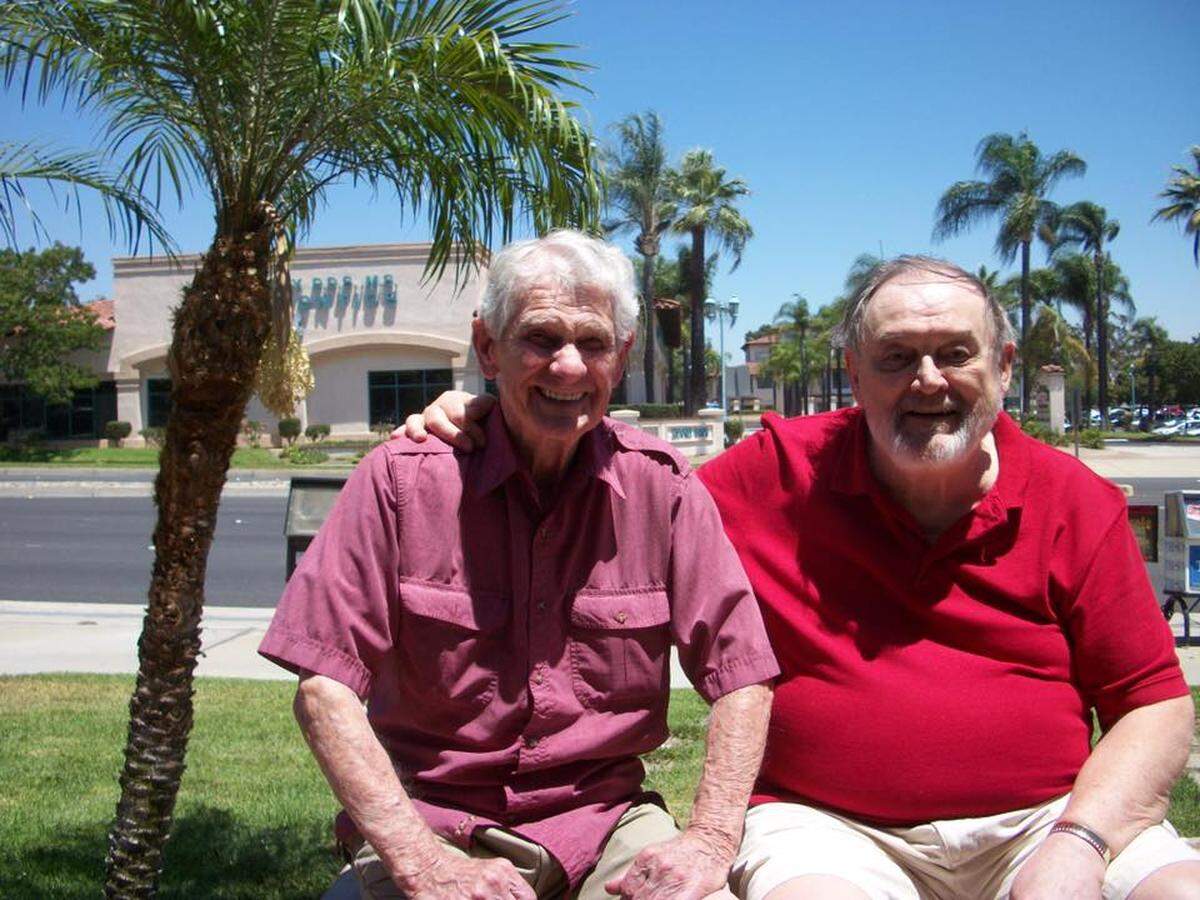 Gus Grebe (left) and his former color analyst Ken Softley (right) reunited in 2016 in Inland, California, where Grebe lived since 1973.