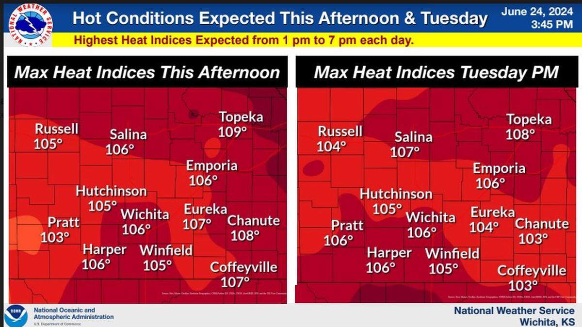 The high for Tuesday is forecast at 100 degrees with a heat index of 106. Heat index values are what the temperature feels like to the human body when relative humidity is combined with the air temperature.