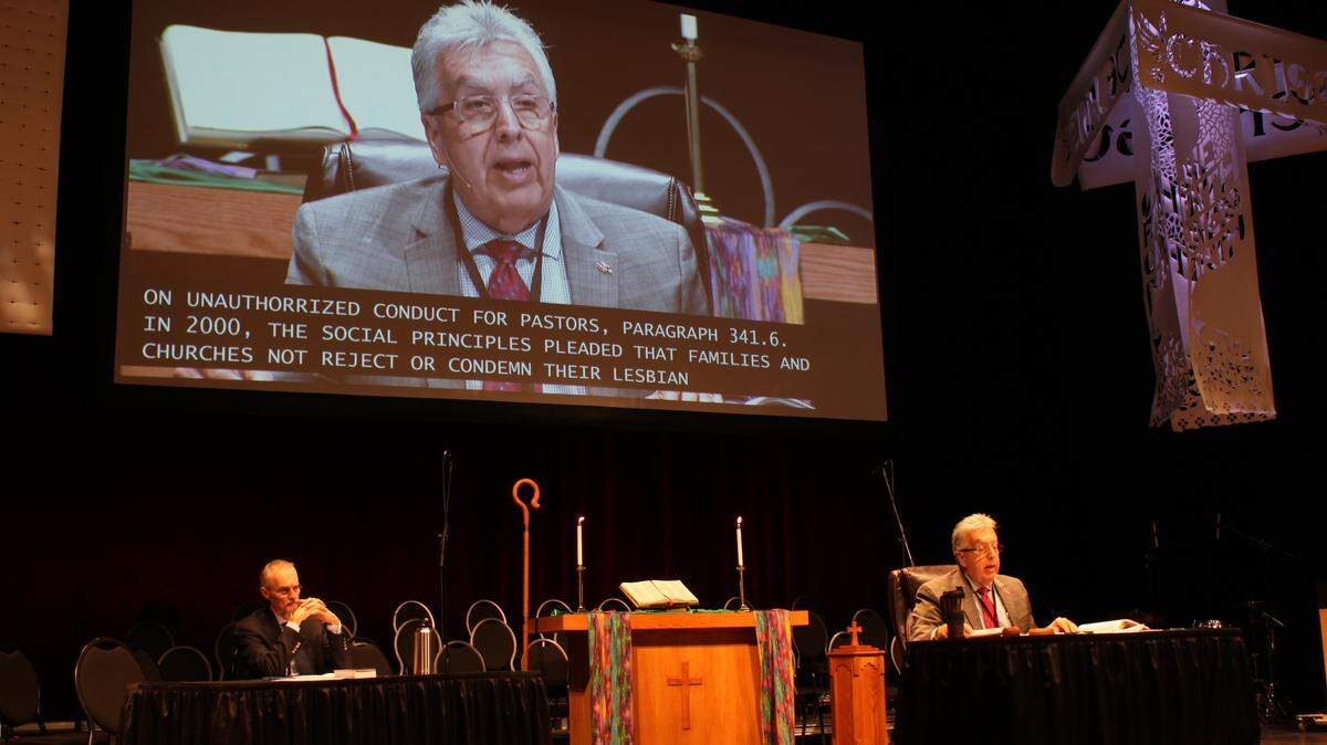 Bishop Ruben Saenz Jr., right, speaks to United Methodists from Kansas and Nebraska about three proposals for how the denomination will deal with issues of same-sex marriage and gay clergy.